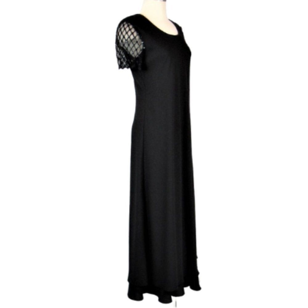 Downton Abby Style Black Beaded Evening Dress Short Sleeve Full Length Size 8